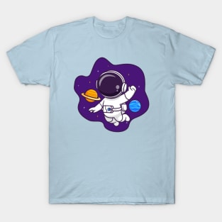 Cute Astronaut Floating In Space With Planet Cartoon T-Shirt